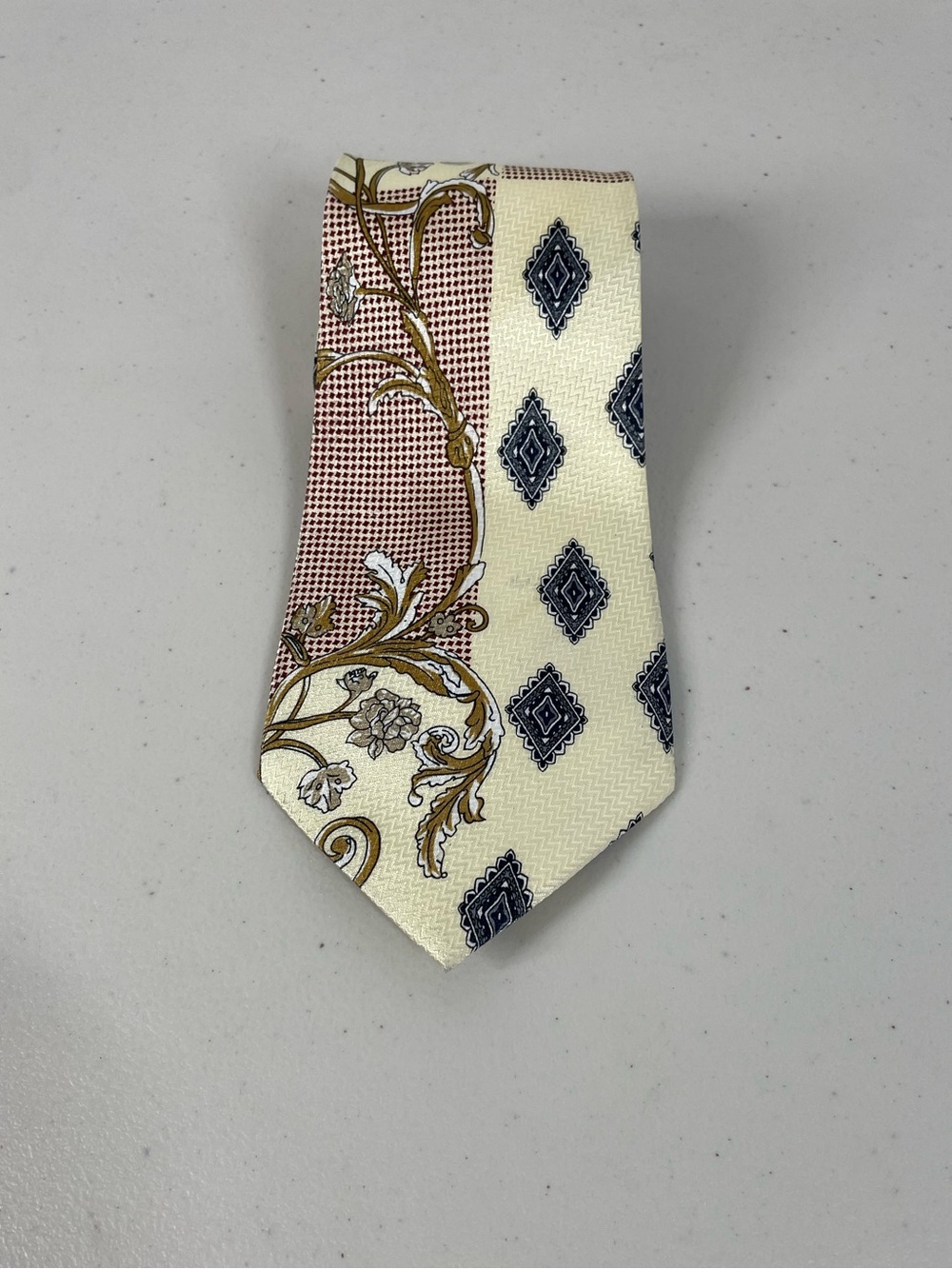 Patterned Necktie Cream Gold & Navy Vintage Floral 100% Polyester Eclectic